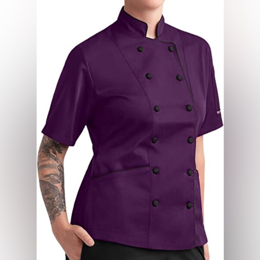 Women’s Tailored Button Down Purple Chef Coat with Black Piping. NWOT.